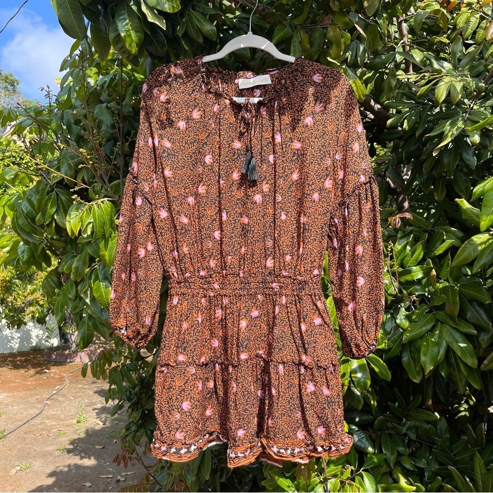 Natalie Martin black orange floral puff long sleeve ruffle tiered mini dress